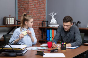 People discussing debt relief options and finances